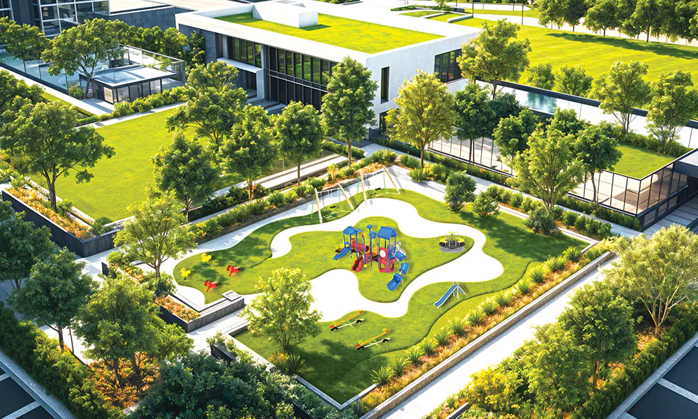 Aerial view of the children's play area and landscaped podium at Rustomjee Urban Woods